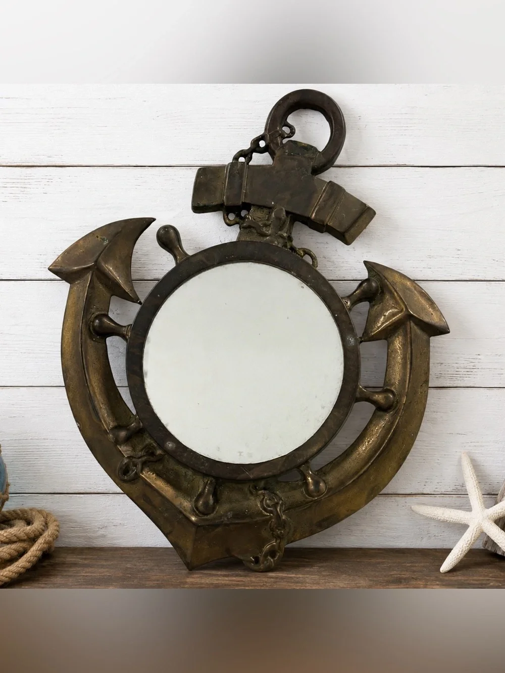 Vintage 1970s PWF Brass Anchor Wall Mirror 12.75” Nautical